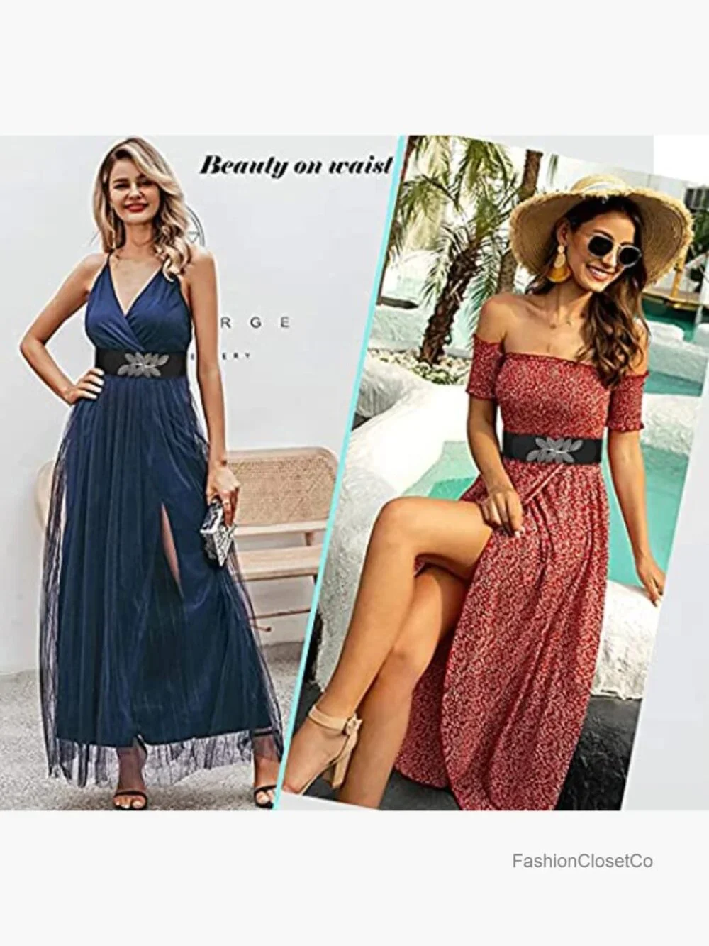 Stretchy Wide Elastic Waist Belt with Leaf Buckle for Dresses